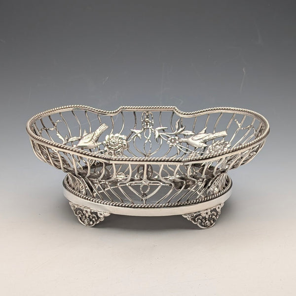 1907年 英国アンティーク 花鳥装飾 純銀製ボウルディッシュ 378g William Comyns